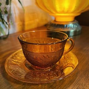 1970's Indiana Glass Co Tiara Amber Teacup and Saucer